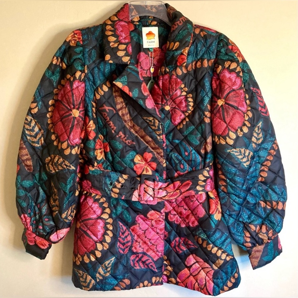 NWOT FARM Rio Black Flowerdoscopic Belted Puffer Jacket In Large - Picture 3 of 8